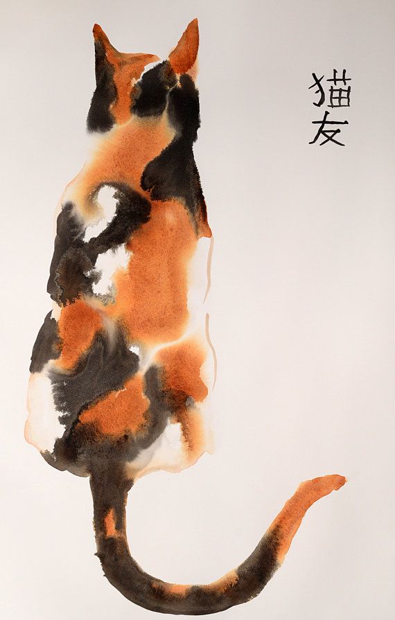 an orange and black cat sitting on top of a white surface with chinese writing in the background