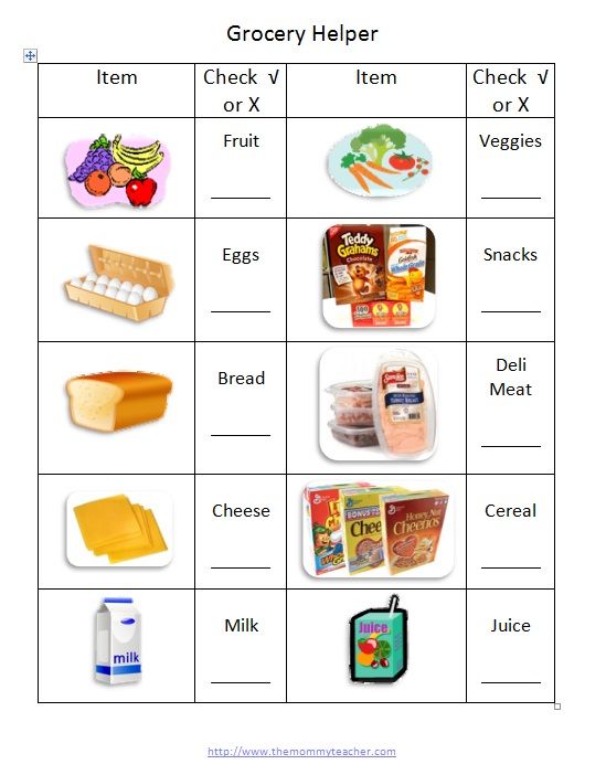 the grocery helper worksheet is filled with pictures and words to describe what food they are