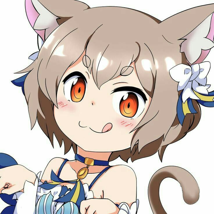 an anime character with big orange eyes and cat ears on her head, holding a blue bag