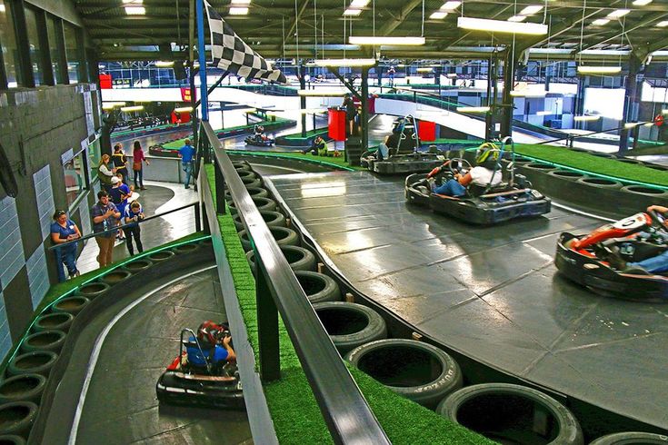 people are riding bumper cars in an indoor area with artificial grass on the floor and inside