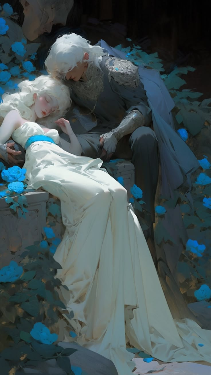 an image of two people that are laying down in the grass with flowers on them