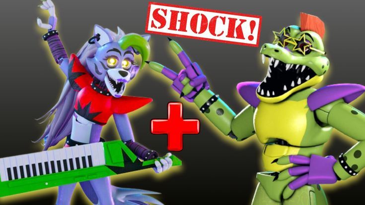 two cartoon figures are holding up a sign that says shock and an alien is playing the keyboard