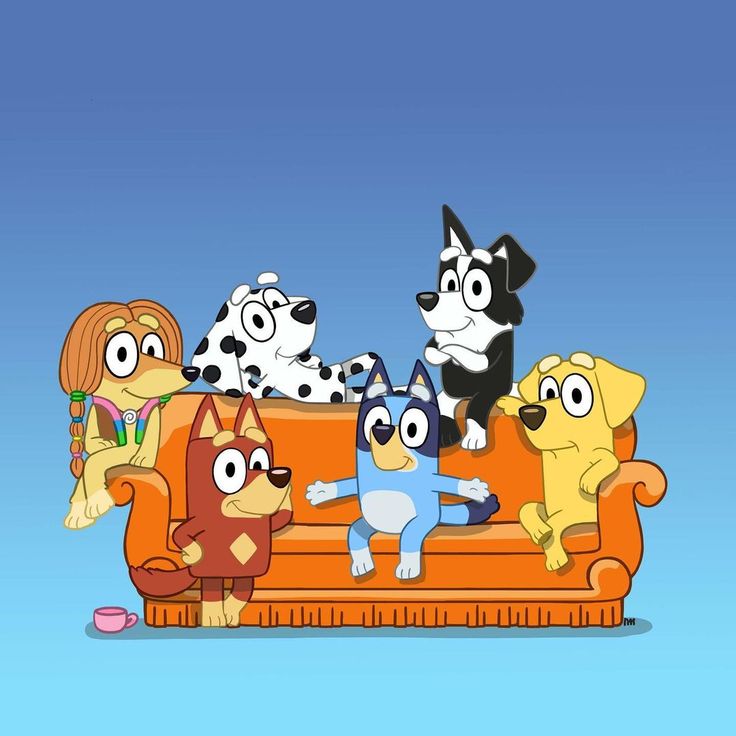 several cartoon dogs sitting on an orange couch