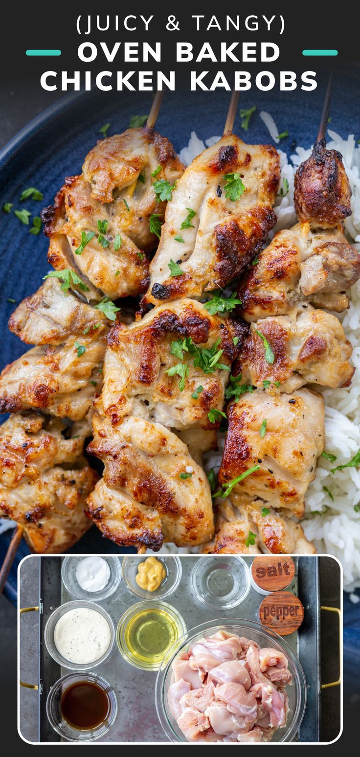 chicken kabobs on skewers with rice and sauces