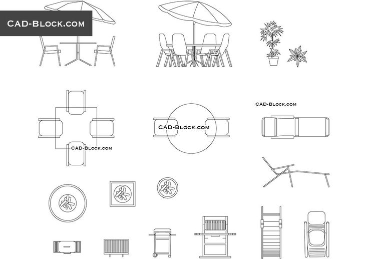 various chairs and tables with umbrellas on them are shown in black and white colors