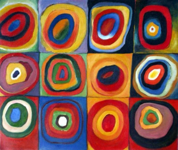 an abstract painting with many different colors and shapes on it, including circles in the center