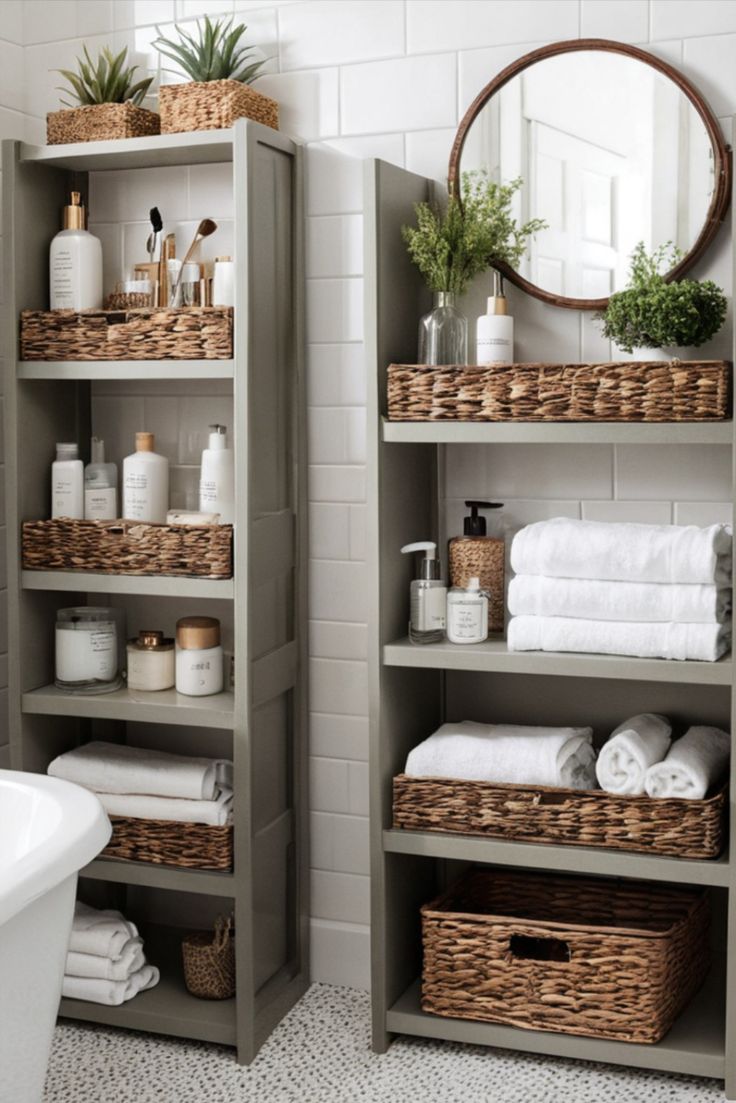 two shelving units with towels, soaps and other items in baskets on them