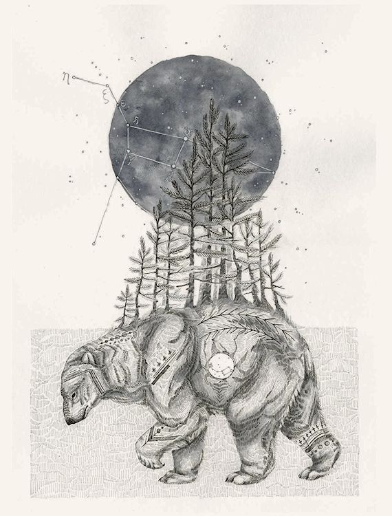 a drawing of an elephant with trees on it's back and the moon in the background