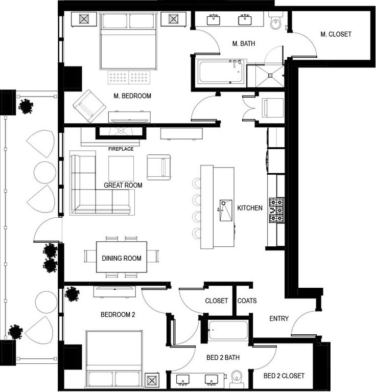 the floor plan for an apartment with two bedroom, one bathroom and another living room