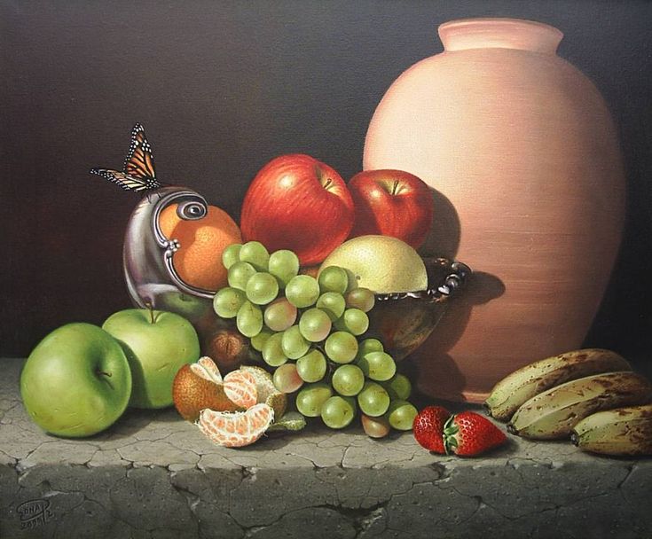 a painting of fruit and a vase on a ledge with grapes, apples, bananas, and other fruits