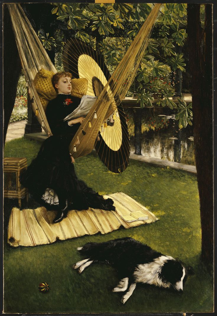 a painting of a woman sitting in a hammock next to a black and white dog