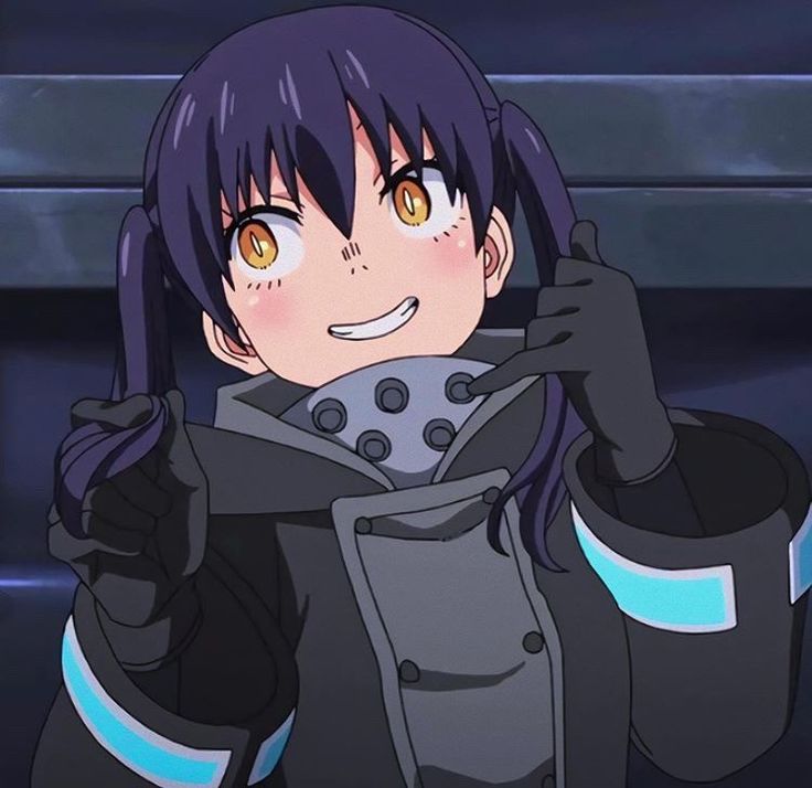 an anime character with purple hair and yellow eyes holding up his jacket to the camera