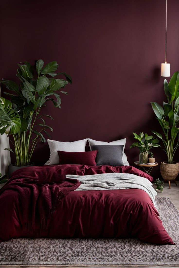 a bedroom with red walls and plants in the corner