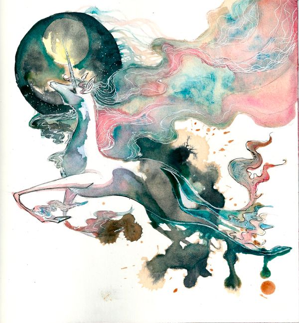 an abstract painting with watercolors and ink on paper, depicting a woman's face