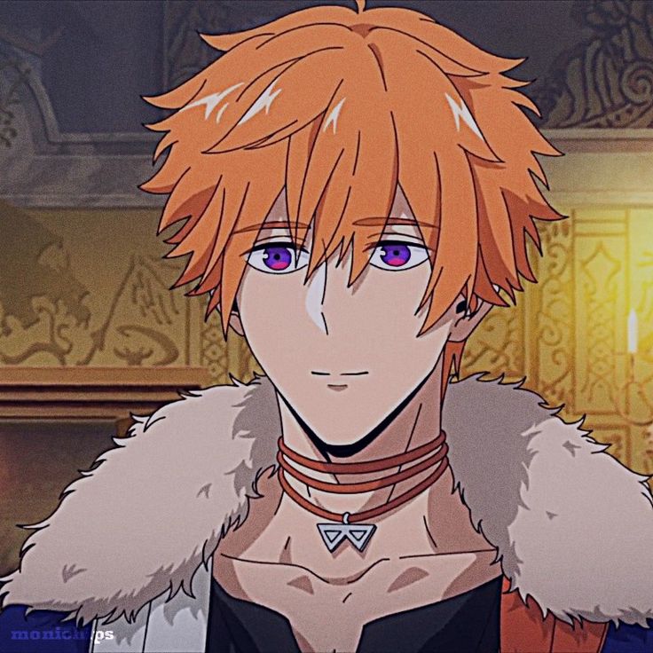 an anime character with red hair and blue eyes wearing a fur collar in front of a fireplace