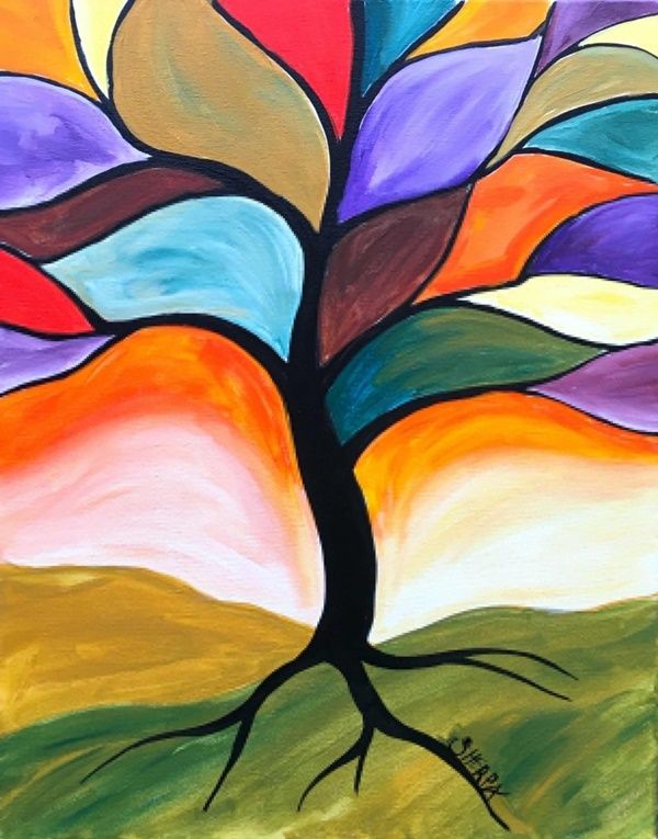 a painting of a tree with colorful leaves