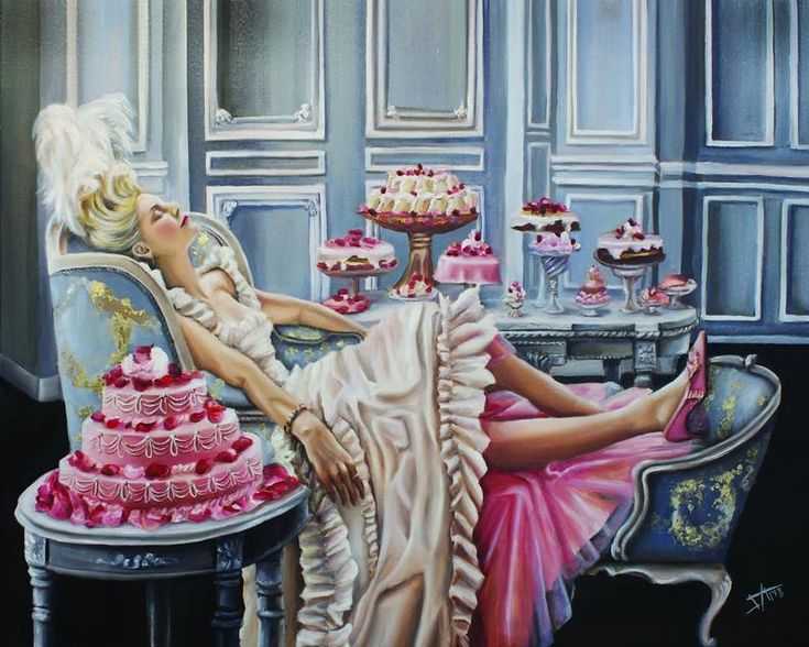 a painting of a woman laying on a chair next to a table with cupcakes