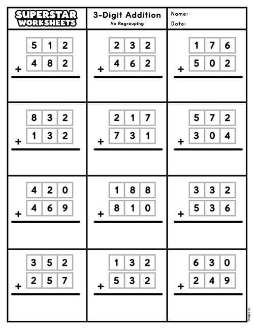 three digit addition worksheet to help students learn how to use the same numbers