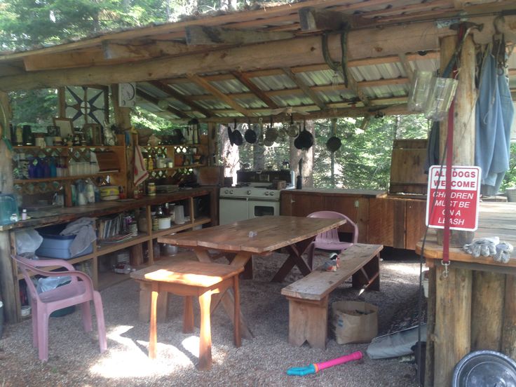 an outdoor kitchen with tables and chairs in the shade under a wooden shelter that is filled with pots and pans