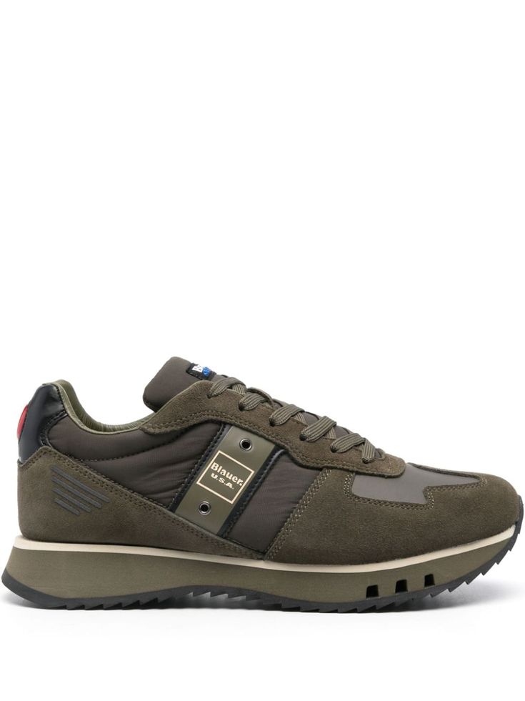 olive green calf suede panelled design front lace-up fastening branded heel counter logo patch at the tongue logo print to the side metal eyelet detailing round toe branded insole ridged rubber sole Aviator Watch, Balenciaga Track, Office Bag, Balenciaga Triple S, Summer Beach Wear, Derby Shoes, Athletic Sneakers, Espadrille Shoes, Sport Watches