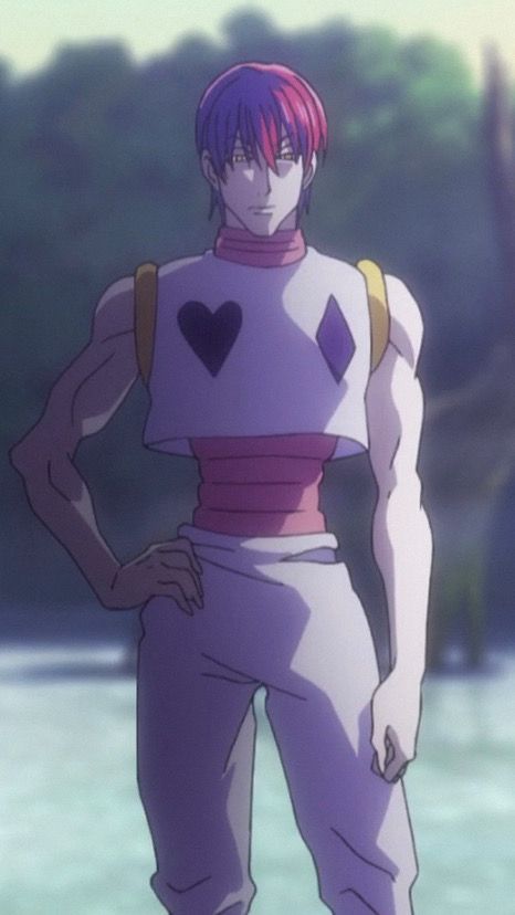 an anime character standing in front of a body of water with his hands on his hips