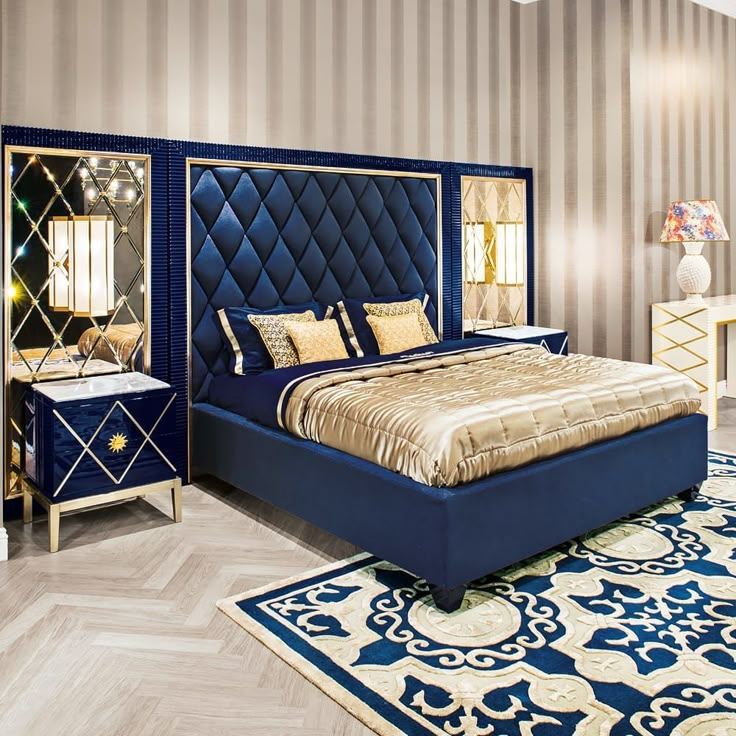 a bedroom with a bed, dresser and mirror on the wall next to rugs