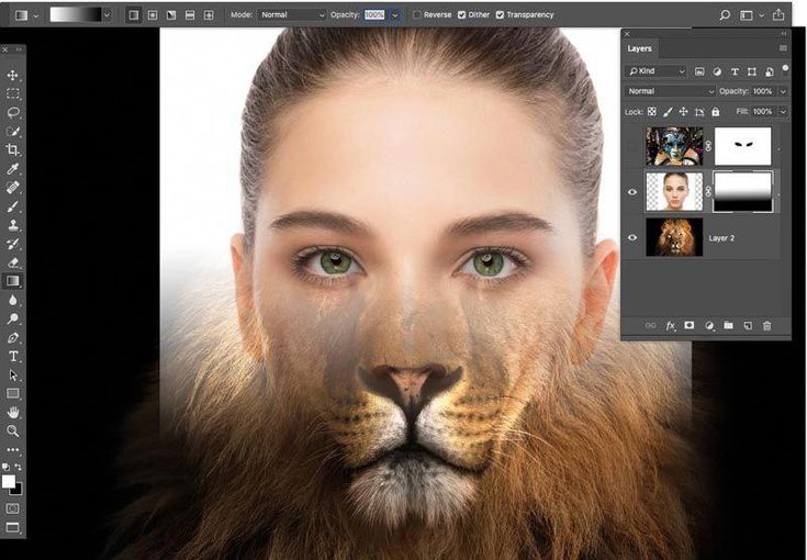 a woman's face is shown with an image of a lion