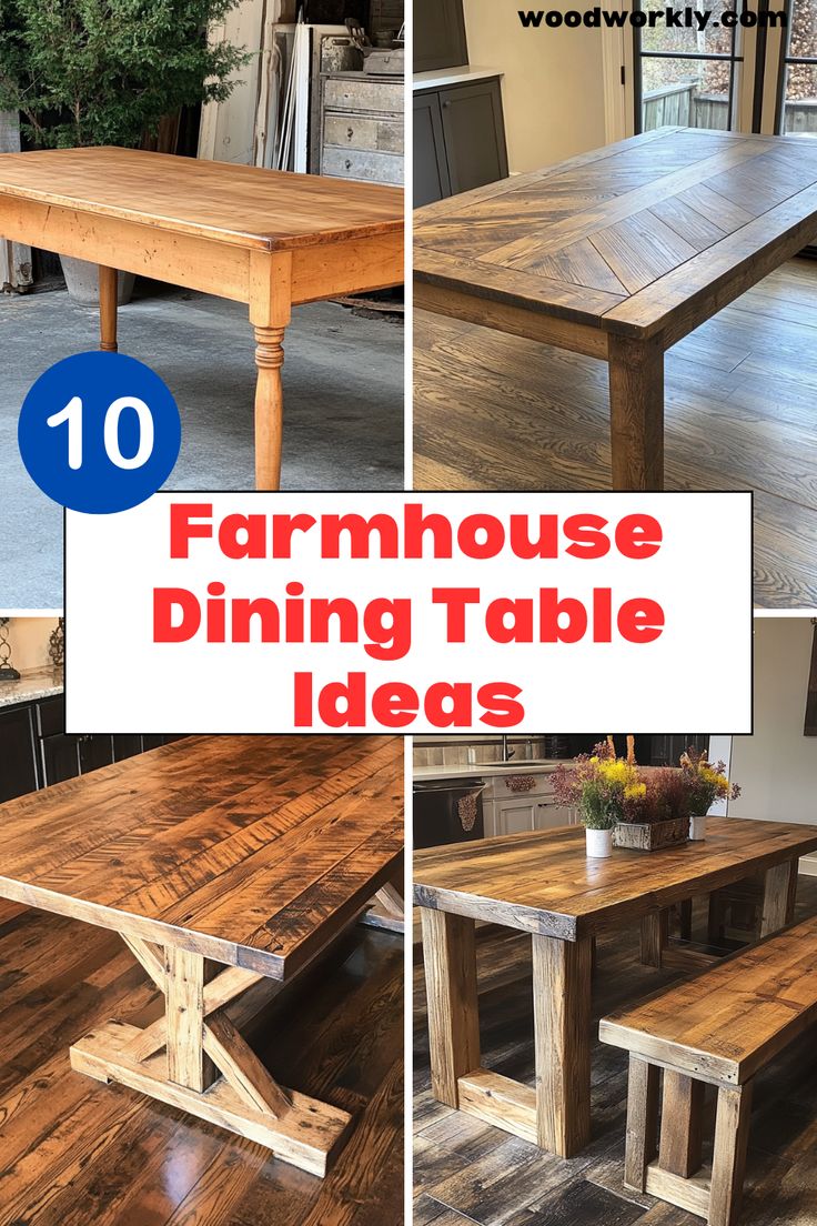 Looking to add charm to your dining room? Discover stunning farmhouse dining table designs that blend rustic and modern styles. Click for inspiration! #FarmhouseTable #DiningRoomDecor #DIYProjects #HomeImprovement #Woodworking 8 Ft Dining Room Table, Butcher Block Farmhouse Table, Rustic Farmhouse Dining Table Set, Farmhouse Rectangle Dining Table, Rustic Farmhouse Dining Room Table, Diy Dining Room Table Makeover Farmhouse Style, Dining Room Table Designs, Kitchen Table Build, Modern Farmhouse Dining Room Tables