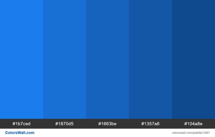 Blue shades. HEX colors #1b7ced, #1870d5, #1663be, #1357a6, #104a8e ...