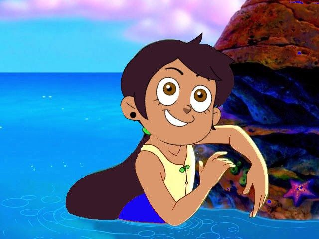 a cartoon character sitting in the water with his hand on his hip and looking at the camera