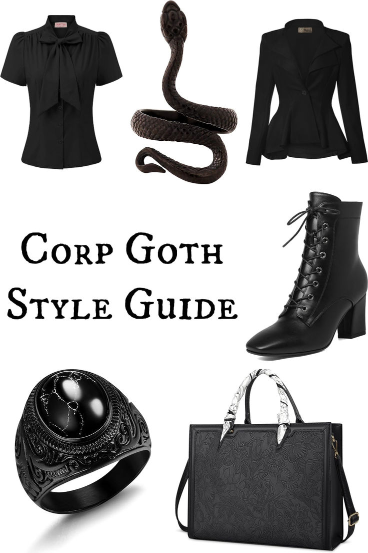 The grown up goth's answer to the corporate work force: corp goth. Elevate key office outfit components - think blazers, pencil skirts and trousers - by mixing in your spooky style. Soft Goth Work Outfits, Amazon Goth Clothes, Office Witch Outfit, Corporate Witch Outfit, Goth Pencil Skirt Outfit, Goth Style In Your 40s, Posh Goth Fashion, Morticia Adams Inspired Outfit, Goth Office Ideas