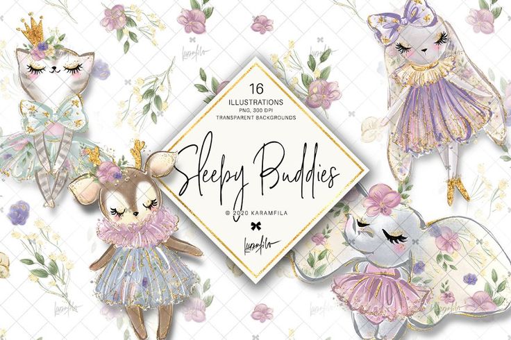 three cute little mouses with flowers on them and the words sleepy buddies above them