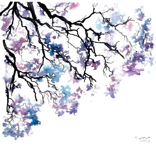 the branches of a tree with purple and blue flowers on it are shown in watercolor