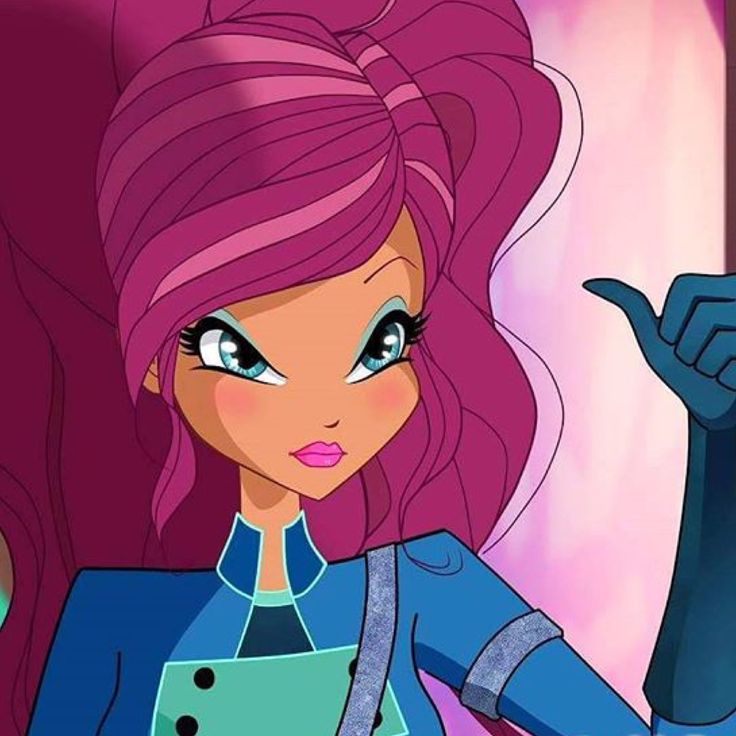 a cartoon girl with pink hair pointing to something