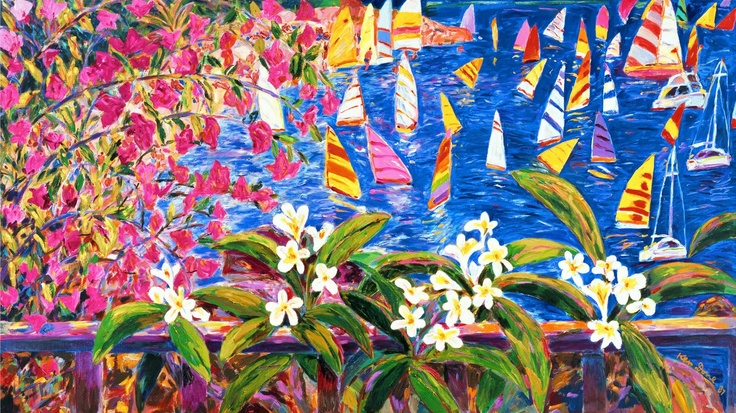 an oil painting of boats in the water and flowers by a fence with blue sky