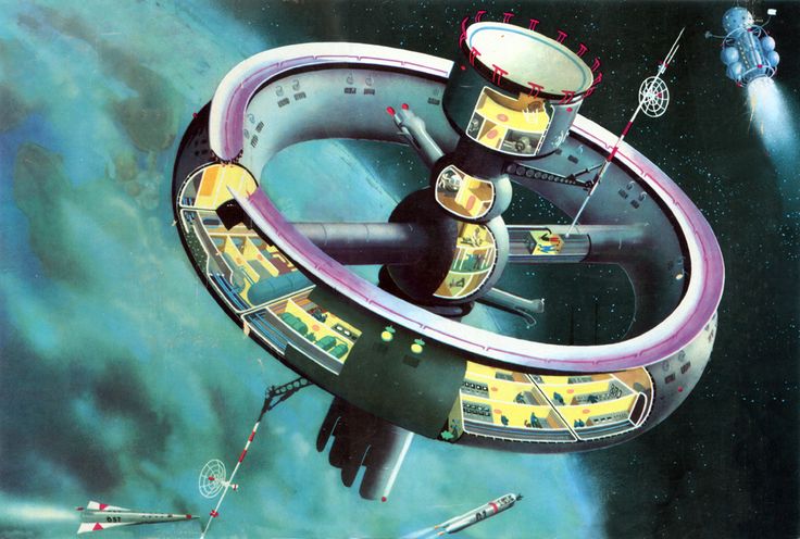 an artist's rendering of a space station in the outer world with two people inside