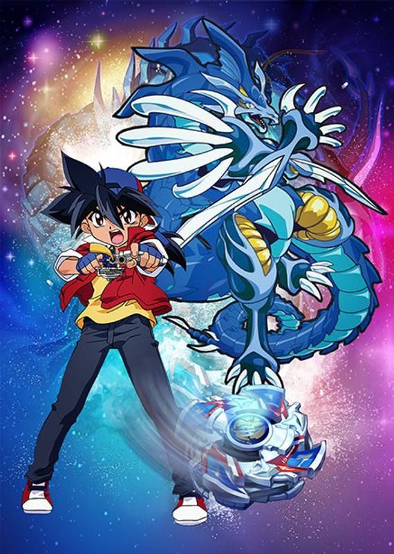 an anime character standing in front of a blue dragon