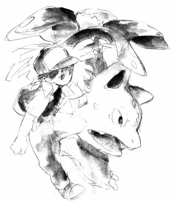 a black and white drawing of two pokemons with their heads turned to the side