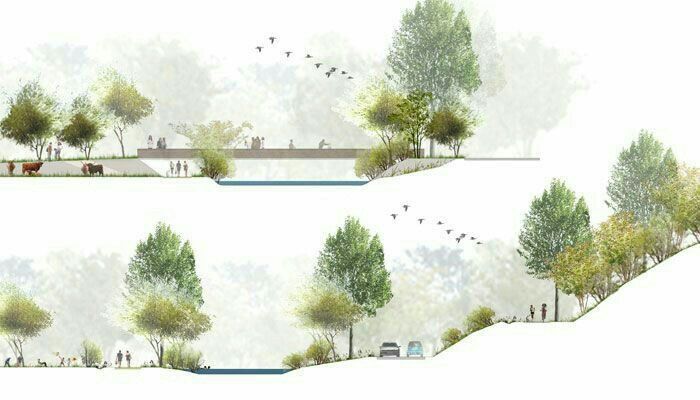 an artist's rendering of a park with trees and people walking on the path