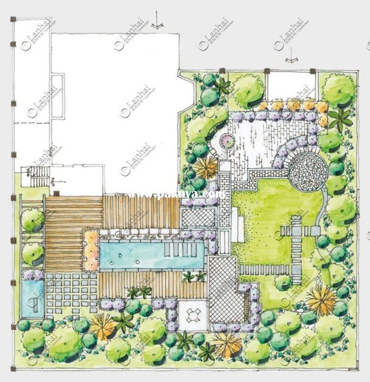 a plan for a garden with a swimming pool and landscaping design in the middle of it