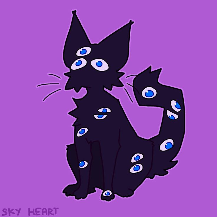 two black cats with blue eyes sitting next to each other on a purple background that says sky heart