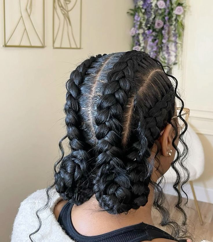 Curly Cornrow Hairstyles, Cornrow Bob Braids Hairstyles, Two French Braids With Curls, French Braid Black Women, Goddess Cornrows Buns, Simple Braided Hairstyles Black Women, Butterfly Cornrows, Butterfly Feed In Braids, Butterfly Cornrow Braids