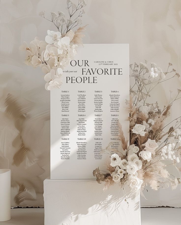 a wedding seating chart with flowers on it next to a white vase and candle holder