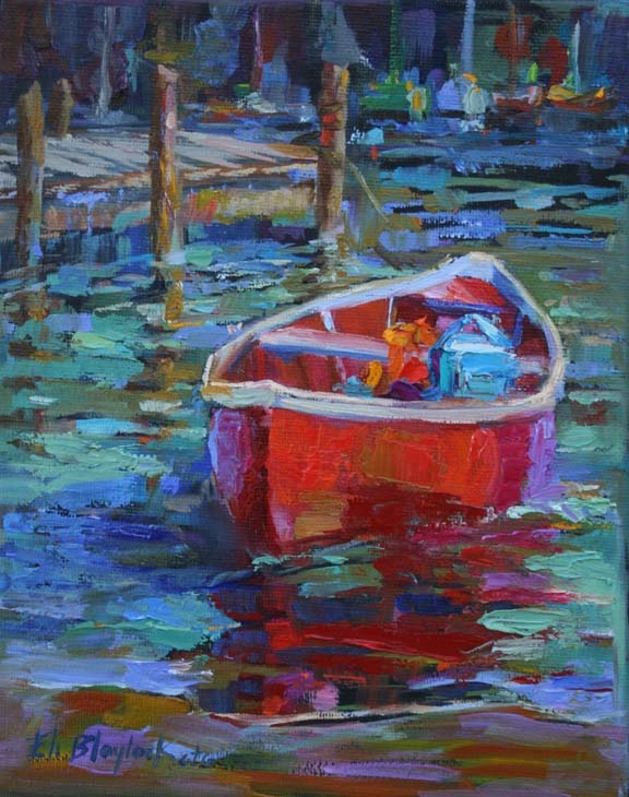 a painting of a red boat floating in the water next to a dock with other boats