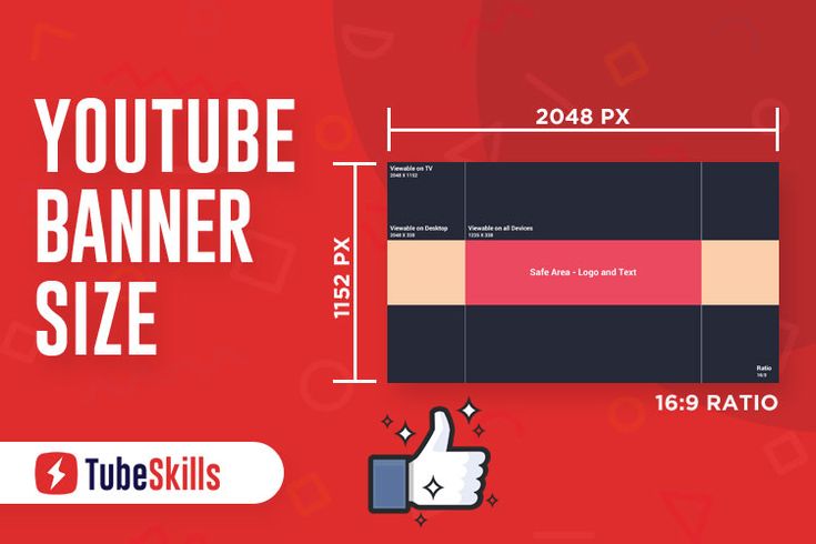 the youtube banner size guide is displayed on a red background with thumbs up and thumb down