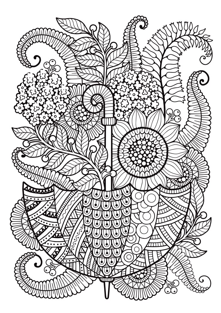 an artistic drawing with flowers and leaves on white background, suitable to be used as a coloring book