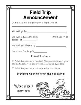 a field trip announcement for students to be able to write their own name and address