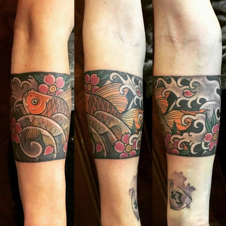 two tattoos on both legs with fish and flowers