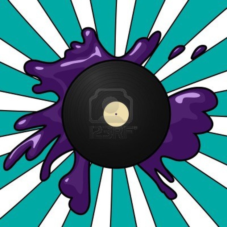 an old vinyl record with purple paint splattered on the side and blue background