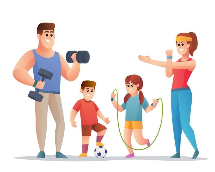 a man, woman and two children are doing exercises with dumbbells in front of them